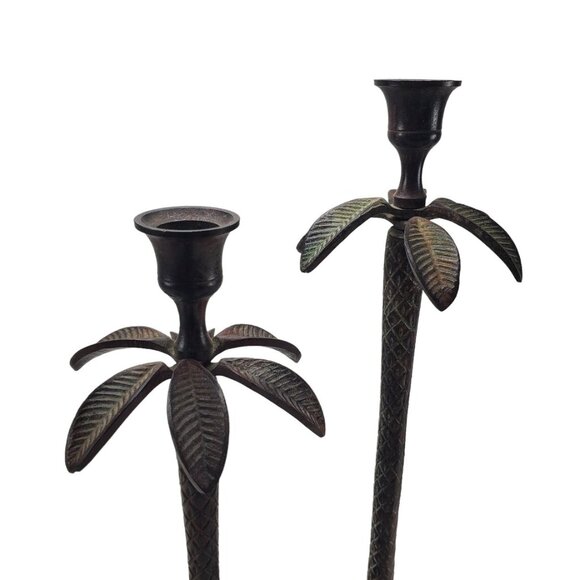 Cast Iron Palm Tree Candlesticks Taper Candle Holders Bronze Coastal Vintage - Picture 11 of 12